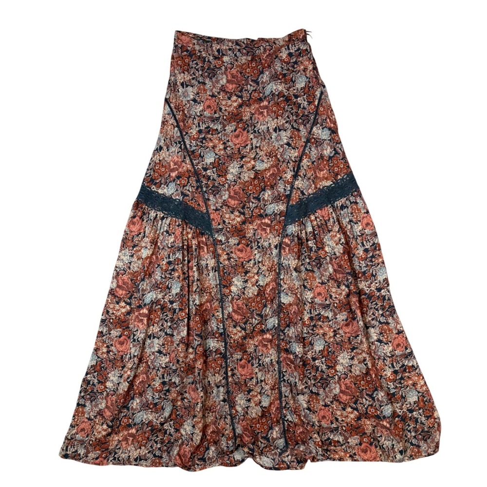 Cotton Candy Maxi Skirt Women S Rust Floral Lace Trim Boho Side Slit Cottagecore